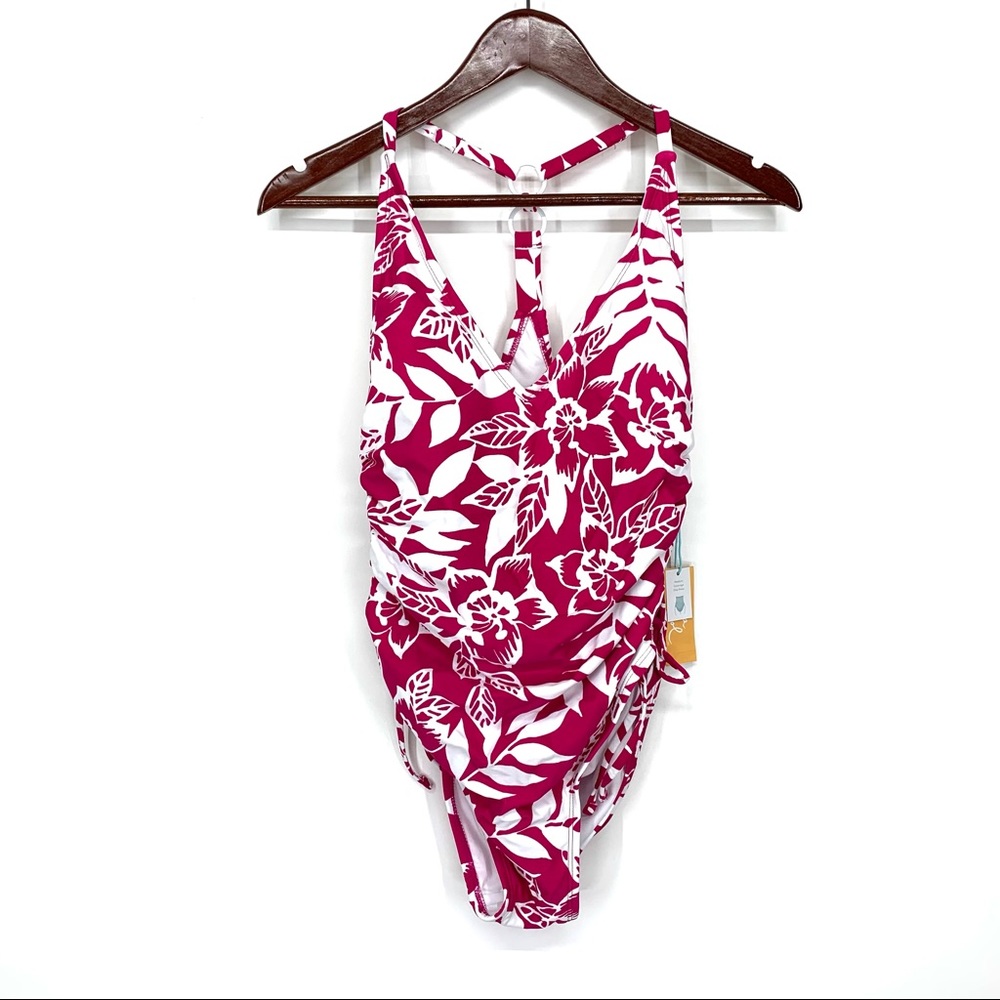 Kona Sol Pink & White Tropical Leaf Print One Piece Swimsuit T-Back Adjustable